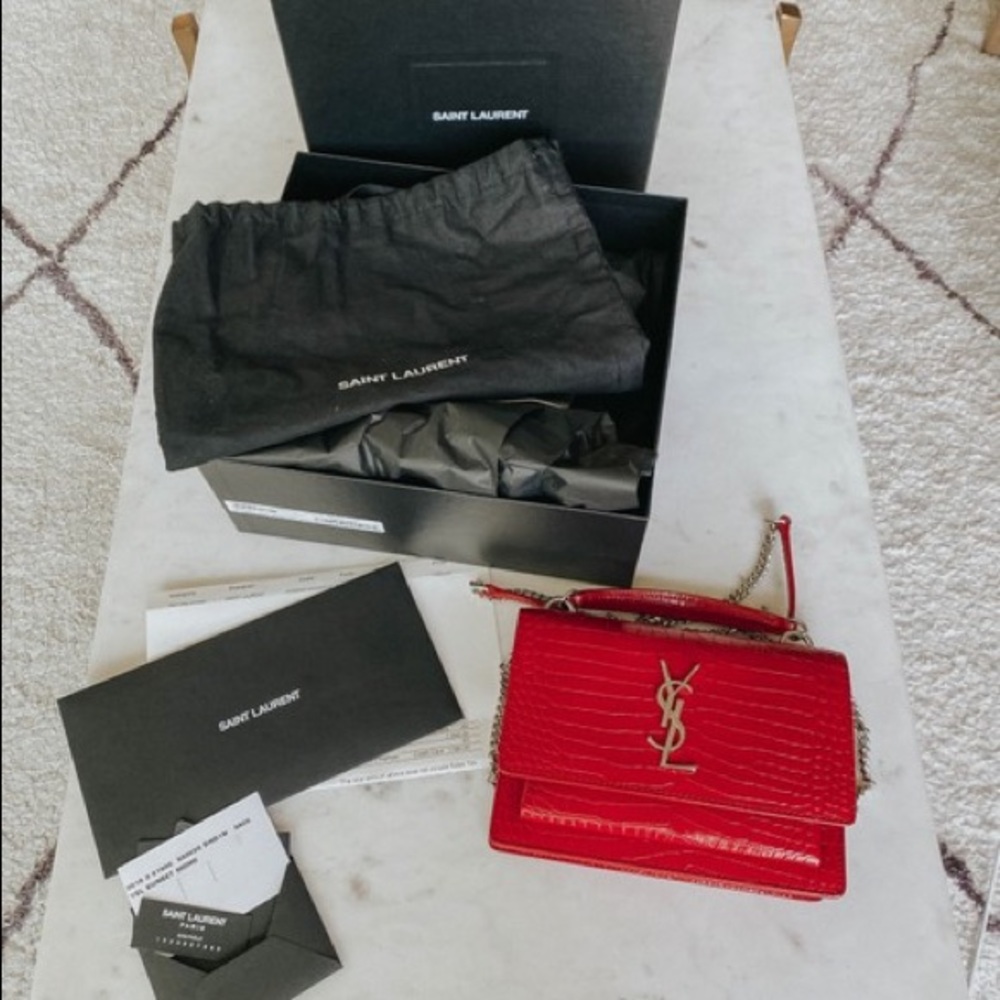 SOLD- Ysl Mini Sunset Croc Embossed Red Calfskin Leather - Picture 2 of 10